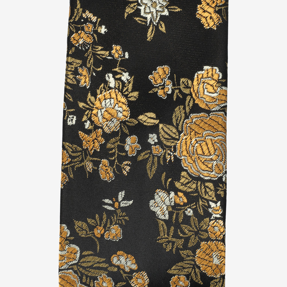 Floral patterned tie with yellow flowers on a black background