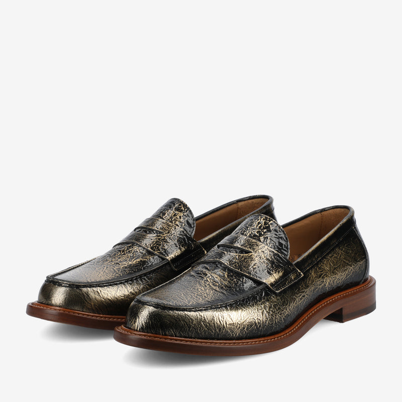 Pair of metallic loafers on a white background
