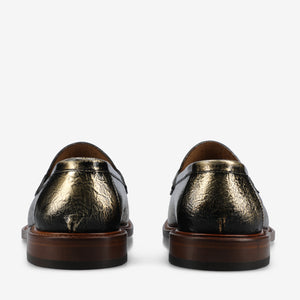 Pair of metallic loafers on a white background
