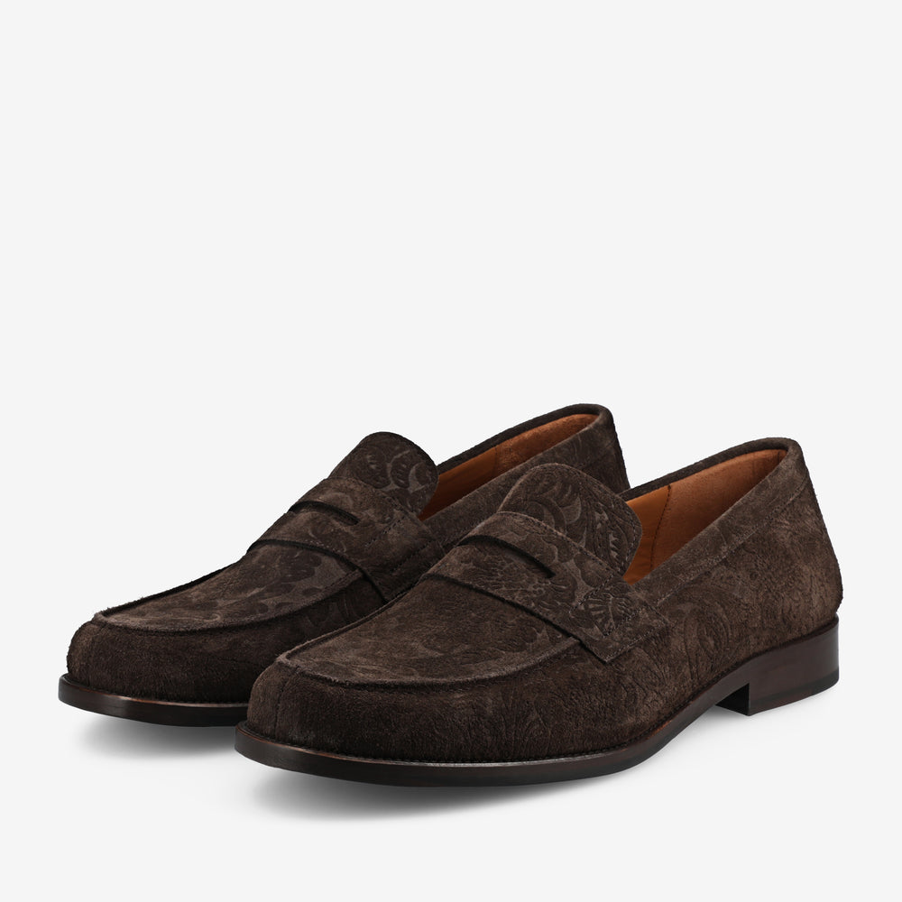 The Sterling Penny Loafer in Brown Floral Suede