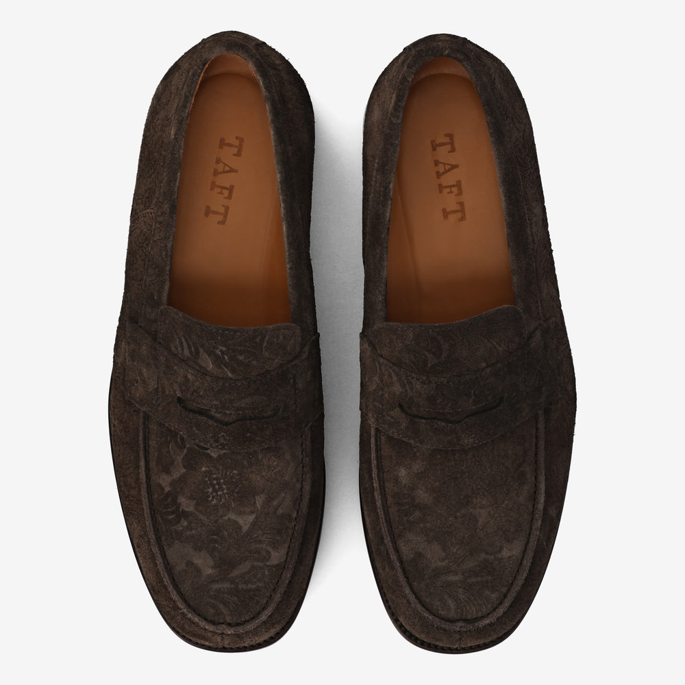 The Sterling Penny Loafer in Brown Floral Suede