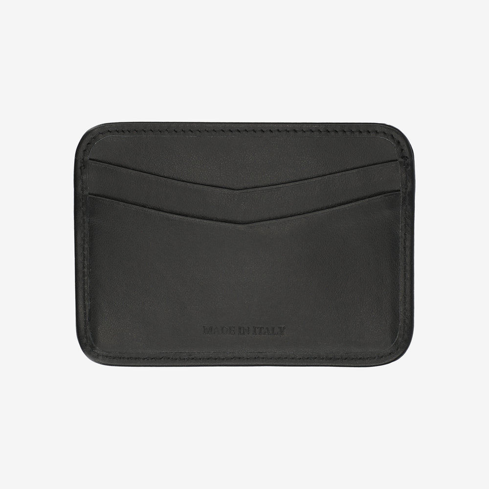 Black leather cardholder with 'Made in Italy' branding on a white background