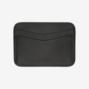 Black leather cardholder with 'Made in Italy' branding on a white background