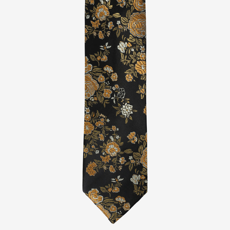 Floral-patterned tie on a black background