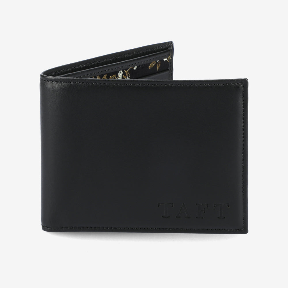 Black leather wallet with 'Taft' branding on a white background