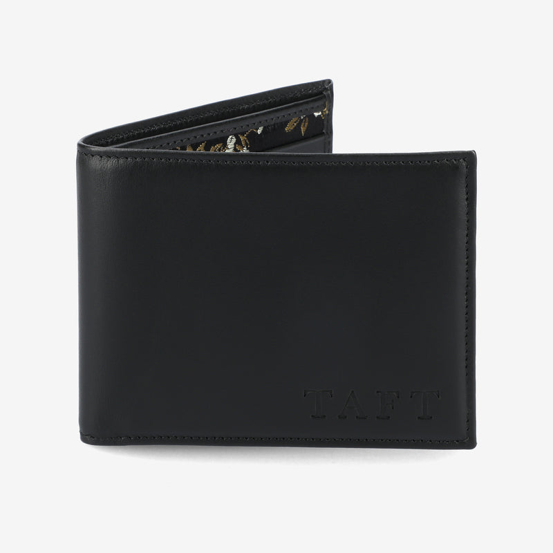 Black leather wallet with 'Taft' branding on a white background