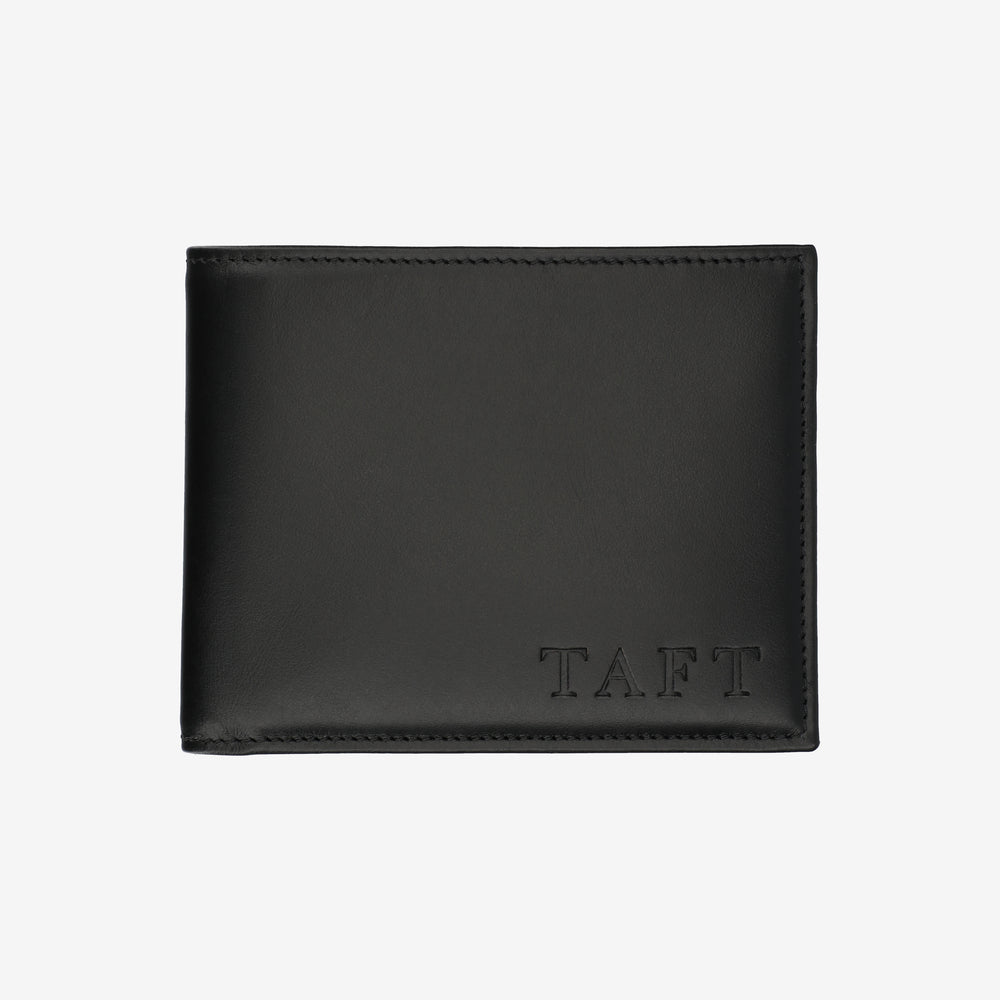 Black leather wallet with 'TAFT' branding on a white background