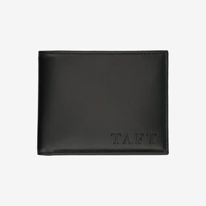 Black leather wallet with 'TAFT' branding on a white background